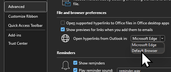 Open hyperlinks from Outlook in 'Default Browser'