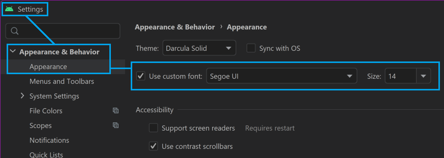 android studio settings appearance font size.png