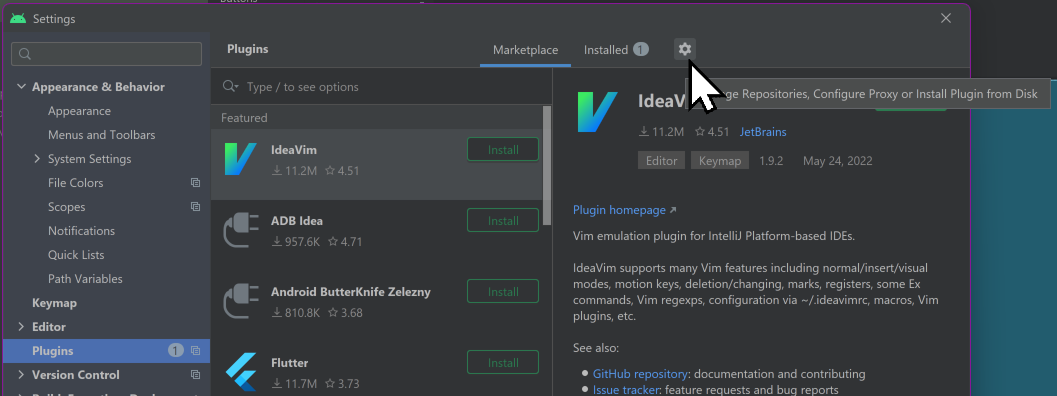 android studio - file menu - settings - plugins - gear icon